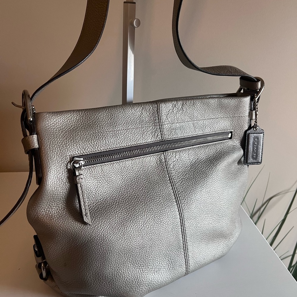 Coach Carly Metallic Silver Pebbled Leather Shoulder Bag